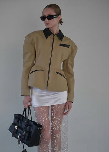 Khaki Jacket with Black Contrast Details