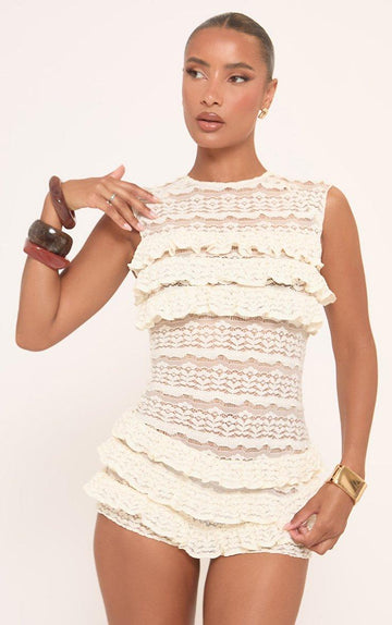Lace Ruffle Sleeveless Romper