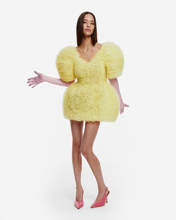 Yellow Textured Puff - Sleeve Mini Dress