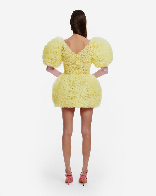 Yellow Textured Puff - Sleeve Mini Dress