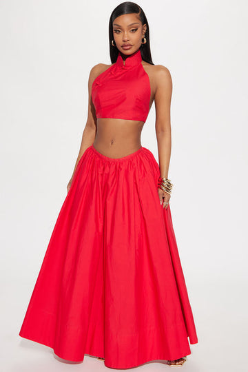 Red Halter Crop Top and Maxi Skirt Set