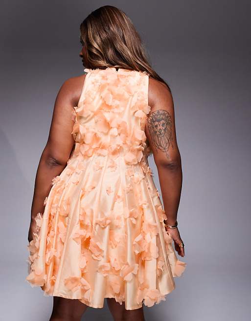 Peach Floral Applique Halter Neck Mini Dress