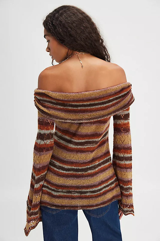 Striped Off - Shoulder Bell - Sleeve Sweater