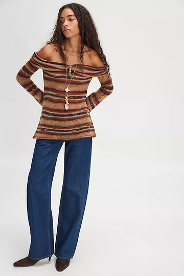 Striped Off - Shoulder Bell - Sleeve Sweater
