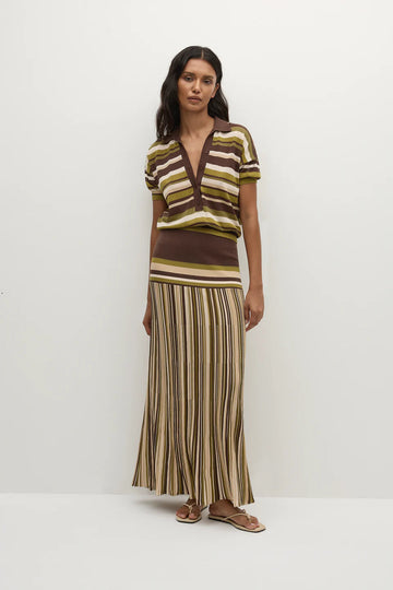 Striped Knit Polo Top and Maxi Skirt Set