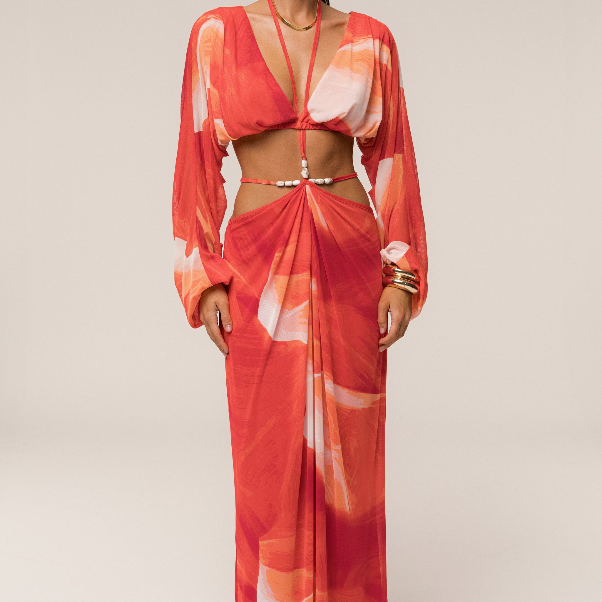 Red Print Cut - Out Maxi Dress