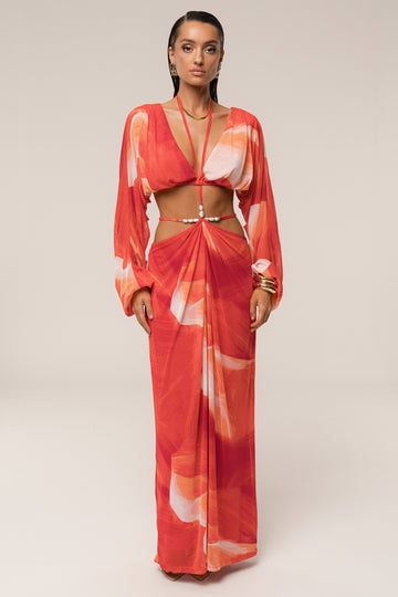 Red Print Cut - Out Maxi Dress