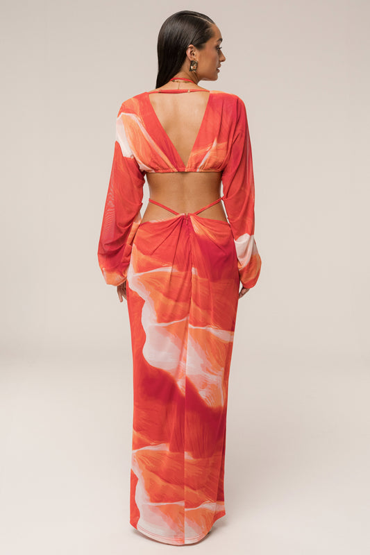 Red Print Cut - Out Maxi Dress