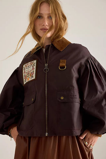 Dark Brown Embroidered Cropped Jacket