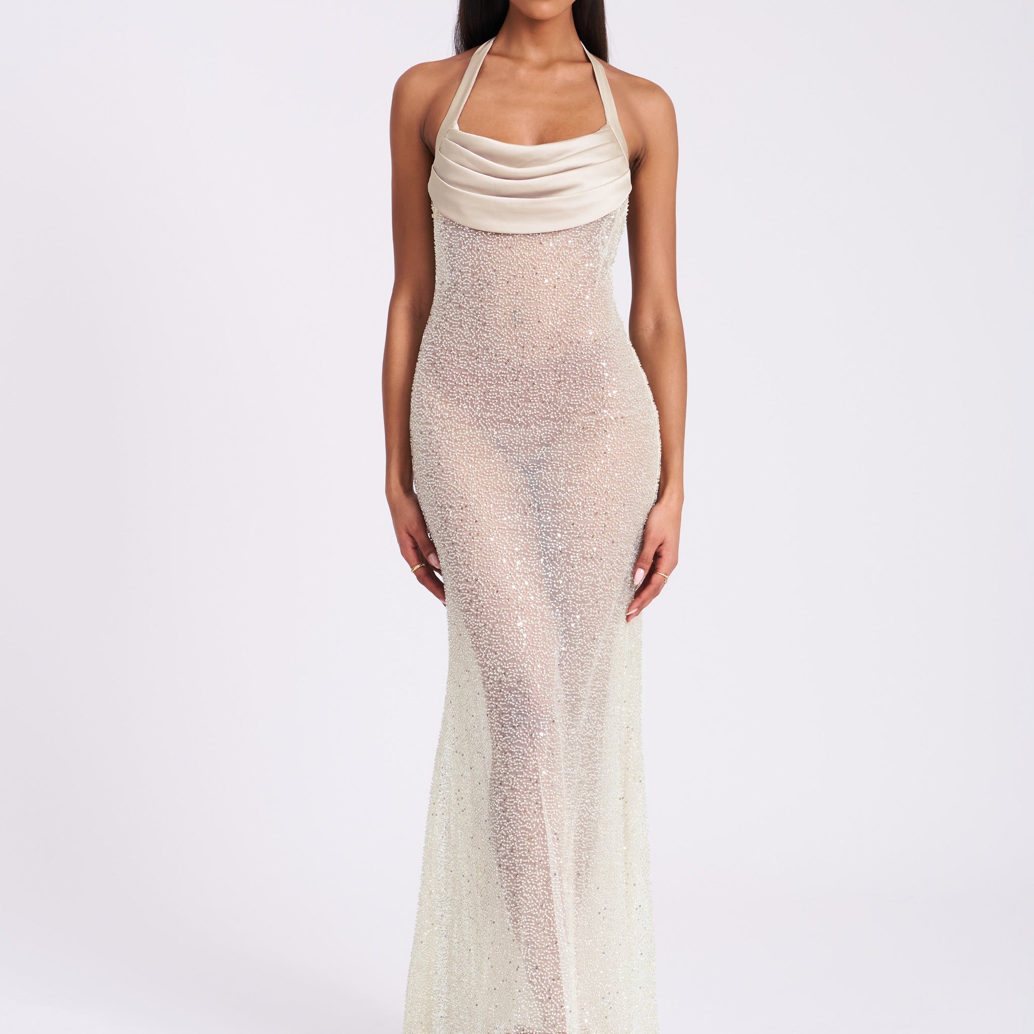 Cream Halter Neck Sequined Maxi Dress