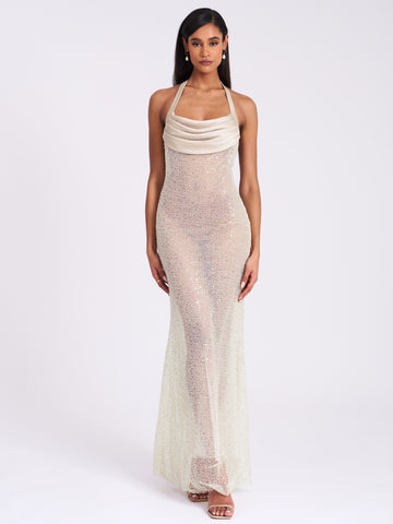 Cream Halter Neck Sequined Maxi Dress