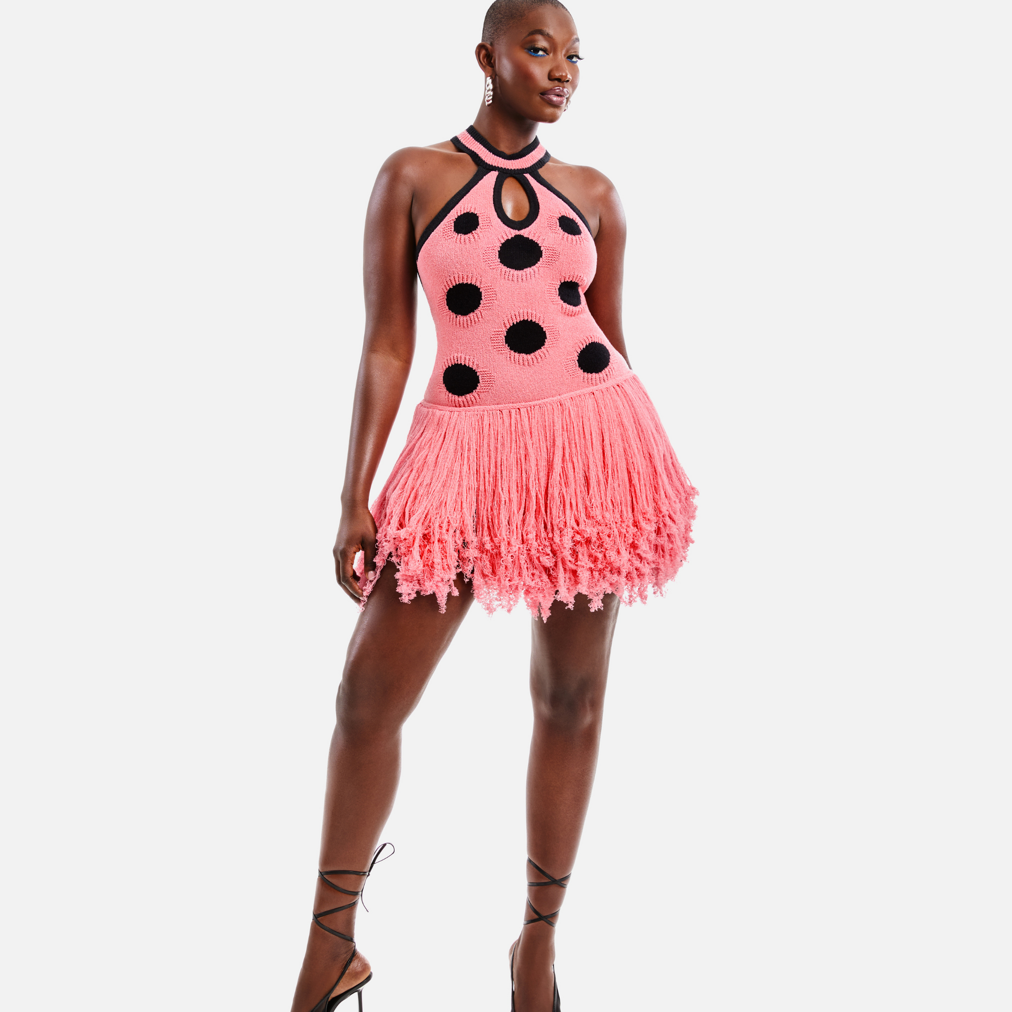 Pink Polka Dot Halter Neck Tassel Mini Dress