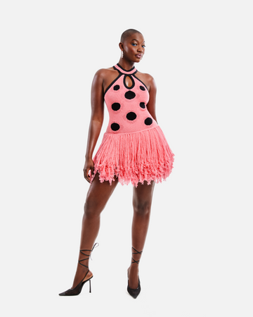 Pink Polka Dot Halter Neck Tassel Mini Dress