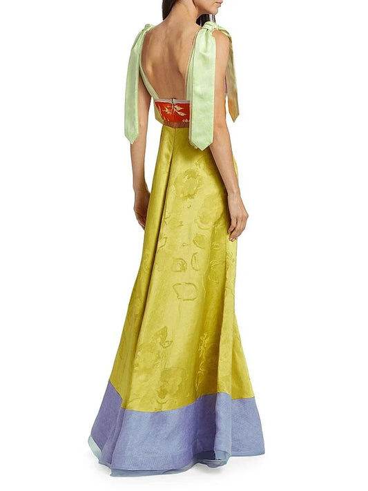 Color Blocked Maxi Dress with Tie Straps