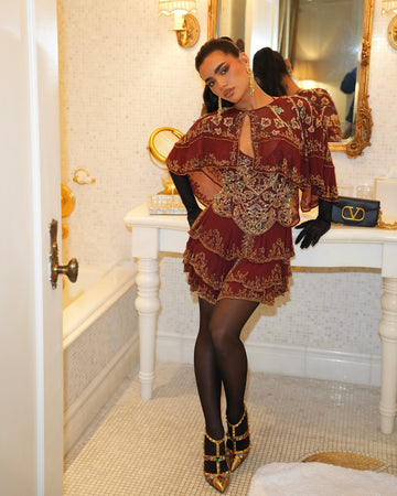 Burgundy dress with gold embroidery