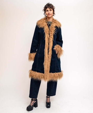 Denim Coat with Faux Fur Trim