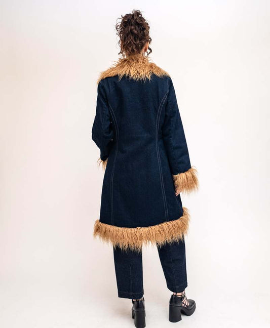 Denim Coat with Faux Fur Trim