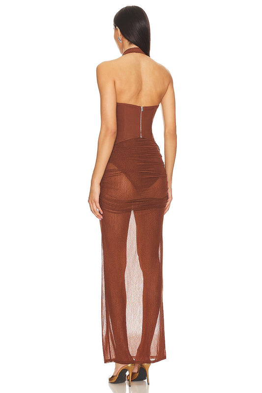 Brown backless see-through maxi dress