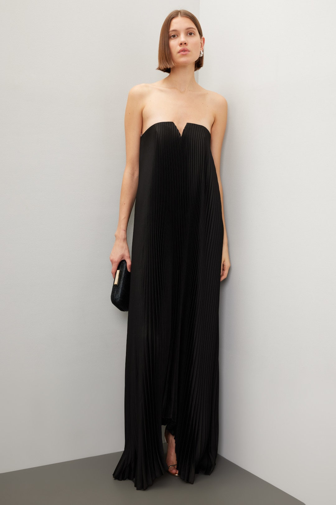 Black Strapless Pleated Maxi Dress
