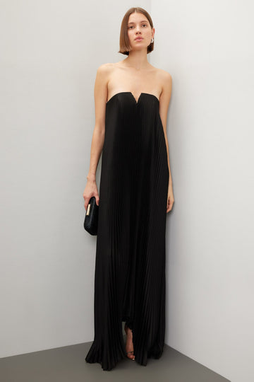 Black Strapless Pleated Maxi Dress
