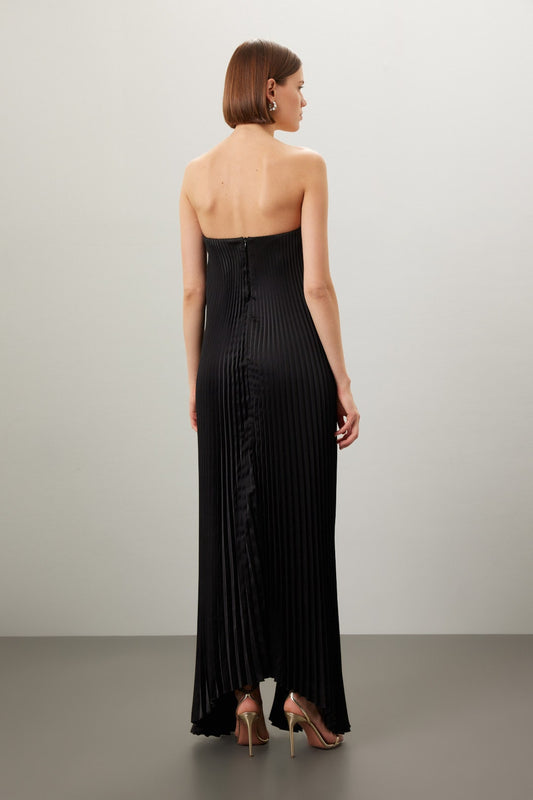 Black Strapless Pleated Maxi Dress