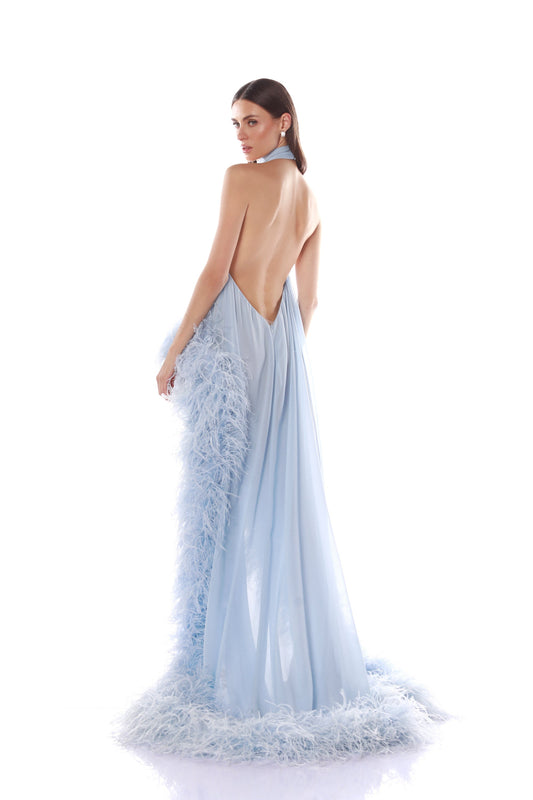 Light blue feather embellished open back dress
