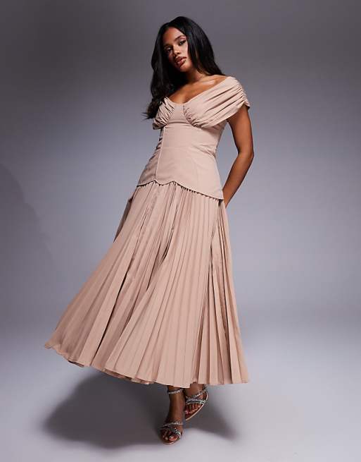 Off-the-shoulder pleated mocha midi dress