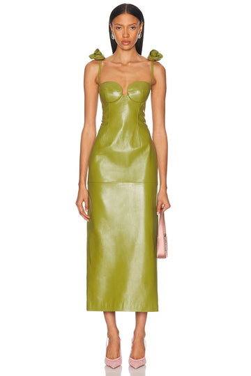 Olive Green Faux Leather Midi Dress