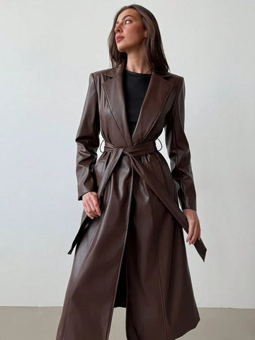 Exquisite Brown Leather Trench Coat