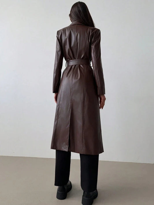 Exquisite Brown Leather Trench Coat