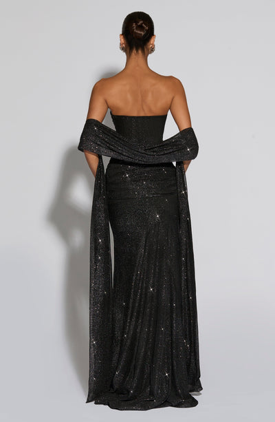 Black off-the-shoulder sequined see-through evening gown