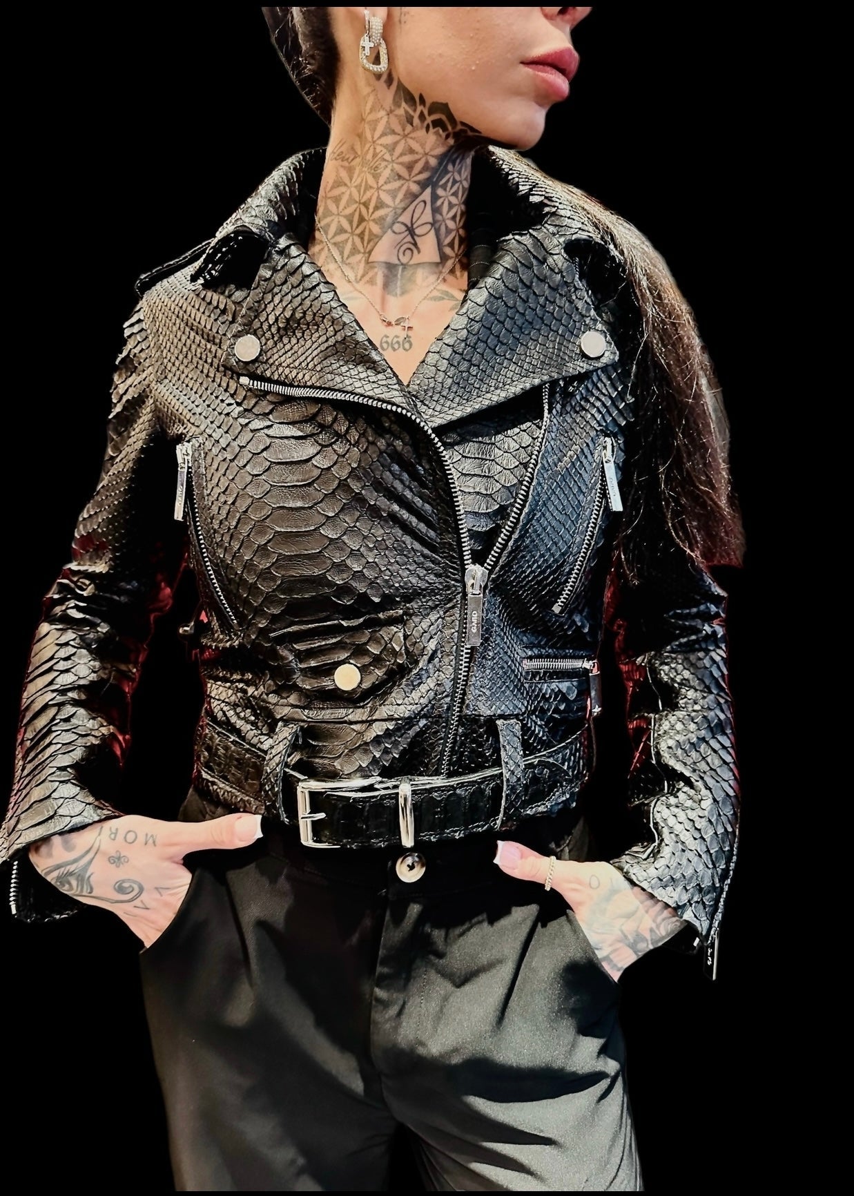 Black Python - Embossed Leather Moto Jacket