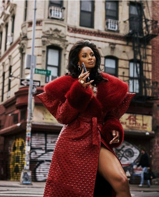 Red Studded Fur Trimmed Coat