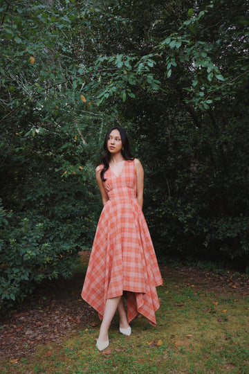 Orange Plaid Asymmetrical Hem Midi Dress
