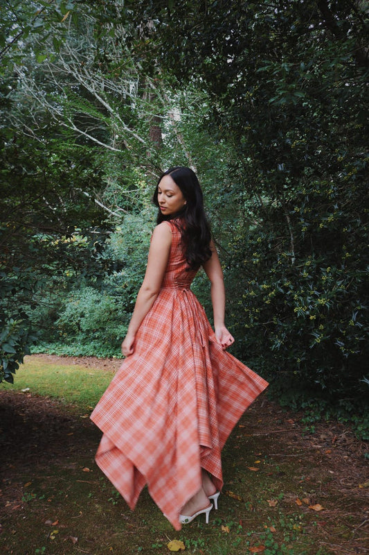 Orange Plaid Asymmetrical Hem Midi Dress