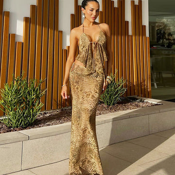 Printed Sexy Tube Top Slim Lace Up Skirt Set