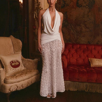 White Halter Lace Maxi Dress