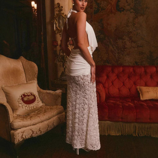 White Halter Lace Maxi Dress