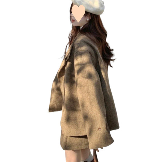 Brown Woolen Blazer and Mini Skirt Set