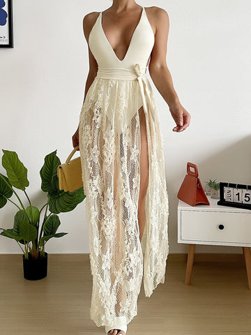 V-neck lace maxi dress