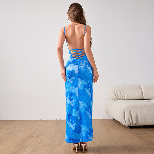 Blue floral print spaghetti strap maxi dress