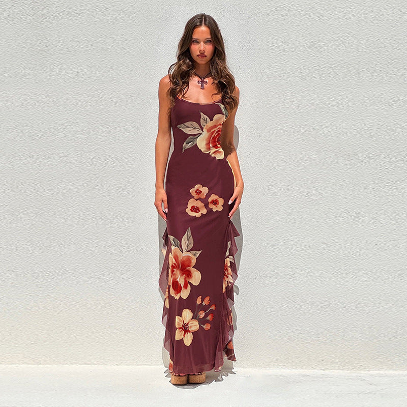 Burgundy floral print high slit maxi skirt