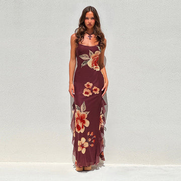 Burgundy floral print high slit maxi skirt