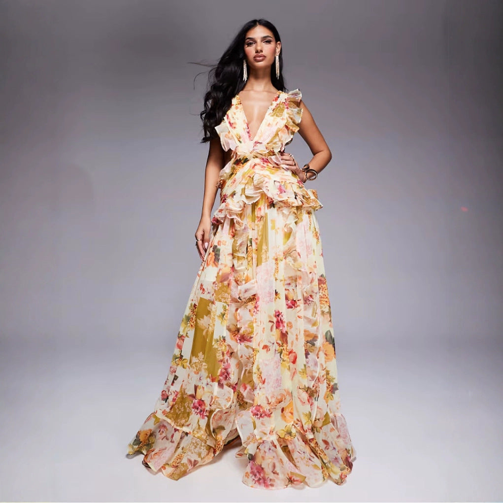 Floral Ruffled Maxi Dress with Plunge Neck