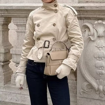 Beige double-breasted short trench coat