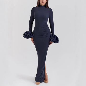 Navy Blue High - Neck Maxi Dress with Ruffled Cuffs