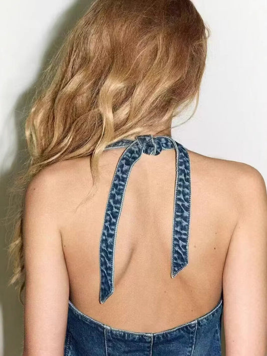 Dark blue denim halterneck bodysuit