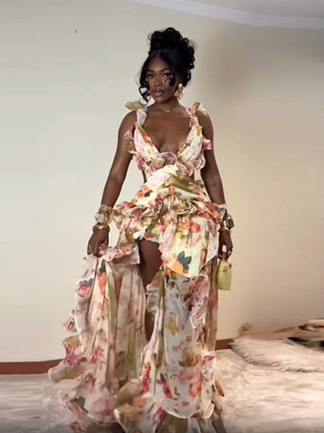 Floral Ruffled Cut - Out Maxi Dress