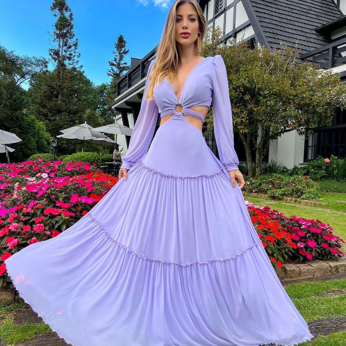 Lavender Cutout Long Sleeve Maxi Dress