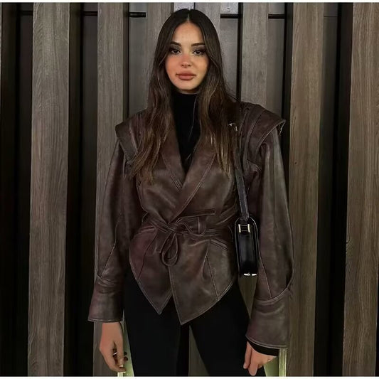 Brown leather wrap jacket